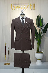 Beystil Sivri Yaka Kahverengi Kruvaze Takım Elbise - Slim Fit 
