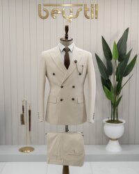 Beystil Sivri Yaka Krem Kruvaze Takım Elbise - Slim Fit 