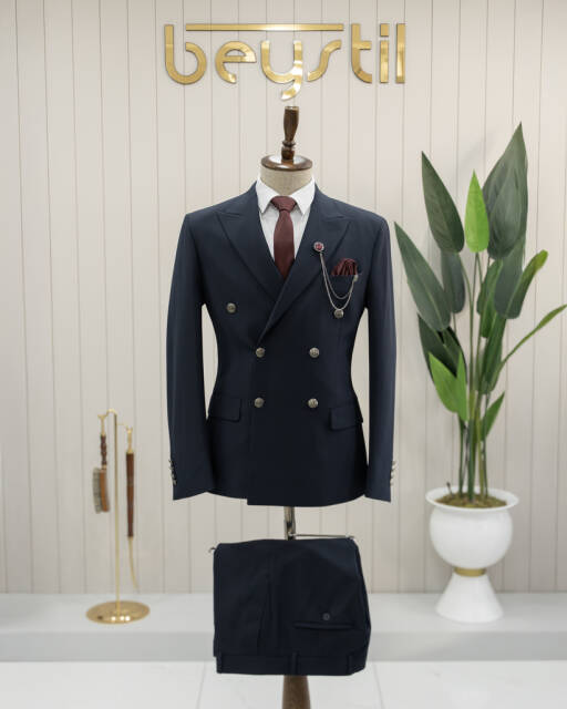 Beystil Sivri Yaka Lacivert Kruvaze Takım Elbise - Slim Fit - Beystil
