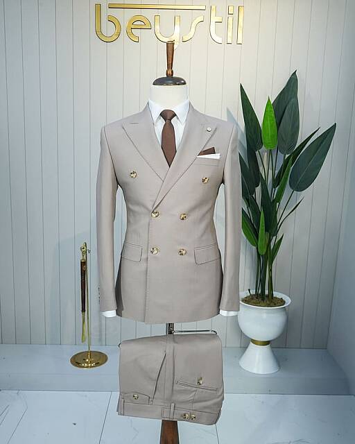 Beystil Slim Fit Vizon Çizgili Kruvaze Takım Elbise 3258 - Beystil