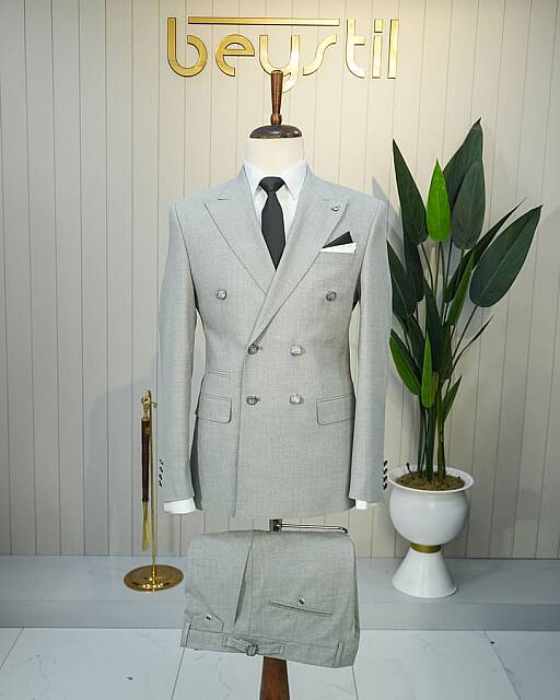 Beystil Slim Fit Gri Tebeşir Çizgili Kruvaze Takım Elbise 3283 - Beystil