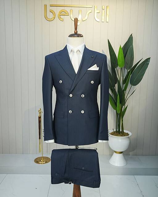 Beystil Slim Fit Lacivert Tebeşir Çizgili Kruvaze Takım Elbise 3283 - Beystil