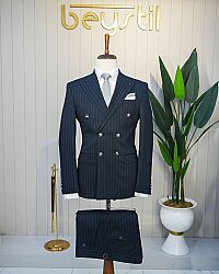 Beystil Slim Fit Lacivert Çizgili Kruvaze Takım Elbise 3301 
