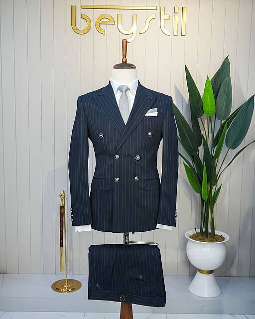 Beystil Slim Fit Lacivert Çizgili Kruvaze Takım Elbise 3301 - Beystil