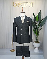Beystil Slim Fit Siyah Çizgili Kruvaze Takım Elbise 3301 