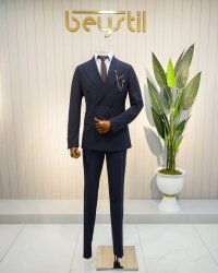 Beystil Sivri Yaka Lacivert Çizgili Kruvaze Takım Elbise 53151 - Slim Fit 