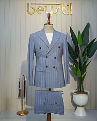 Beystil Sivri Yaka Mavi Çizgili Kruvaze Takım Elbise 53151 - Slim Fit 