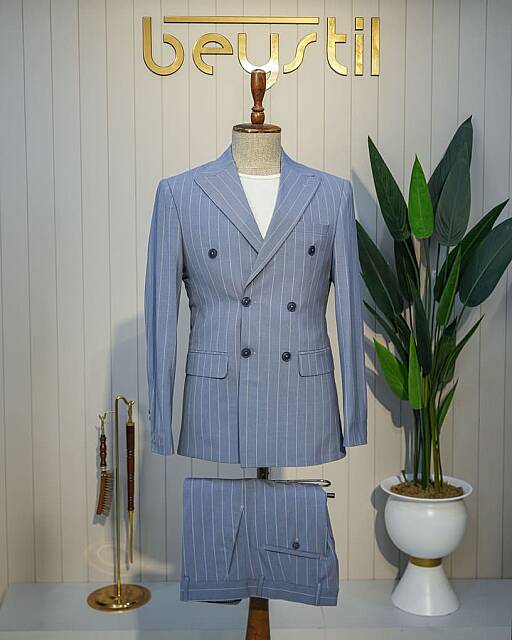 Beystil Sivri Yaka Mavi Çizgili Kruvaze Takım Elbise 53151 - Slim Fit - Beystil