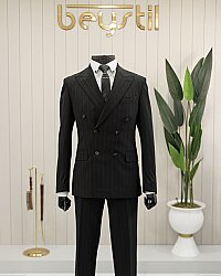 Beystil Sivri Yaka Siyah Çizgili Kruvaze Takım Elbise 53151 - Slim Fit 