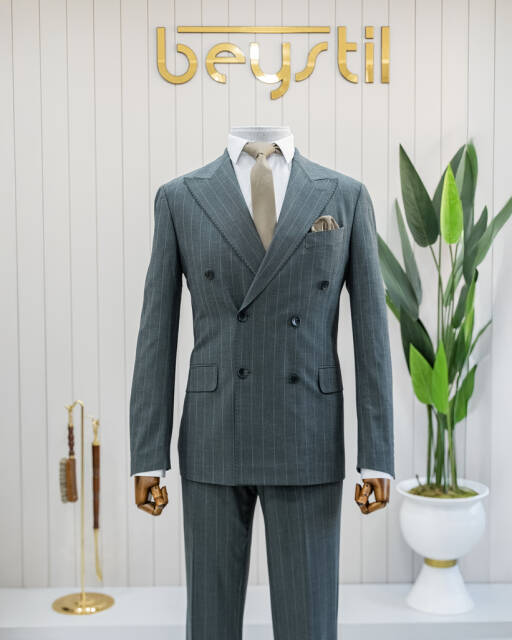 Beystil Sivri Yaka Yeşil Çizgili Kruvaze Takım Elbise 53151 - Slim Fit - Beystil
