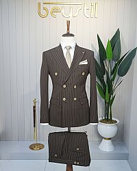 Beystil Slim Fit Kahve Çizgili Kruvaze Takım Elbise 53202 