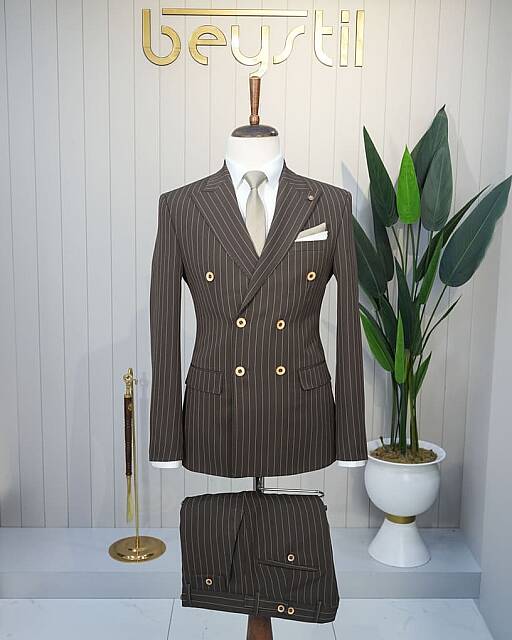 Beystil Slim Fit Kahve Çizgili Kruvaze Takım Elbise 53202 - Beystil