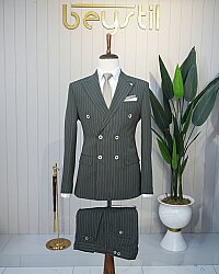 Beystil Slim Fit Yeşil Çizgili Kruvaze Takım Elbise 53202 