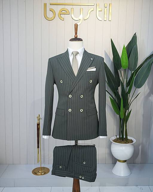 Beystil Slim Fit Yeşil Çizgili Kruvaze Takım Elbise 53202 - Beystil
