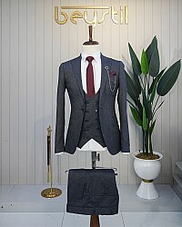 Beystil Lacivert Slim Fit Yelekli Takım Elbise 53374 