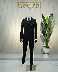 Beystil Sivri Yaka Siyah Çizgili Kruvaze Takım Elbise Alança- Slim Fit 