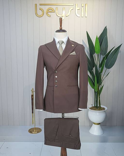 Beystil Slim Fit Kahve Beli Düğmeli İkili Takım Elbise 131 - Beystil