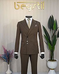Beystil Kahve Slim Fit Çıt Çıtlı Dört Düğmeli Takım Elbise 