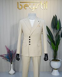 Beystil Krem Slim Fit Çıt Çıtlı Dört Düğmeli Takım Elbise 