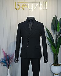 Beystil Siyah Slim Fit Çıt Çıtlı Dört Düğmeli Takım Elbise 