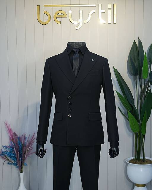 Beystil Siyah Slim Fit Çıt Çıtlı Dört Düğmeli Takım Elbise - Beystil