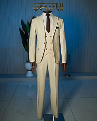 Beystil Sivri Yaka Krem Yelekli Takım Elbise Nikol - Slim Fit 