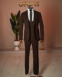 Beystil Slimfit Kahverengi Yelekli Takım Elbise Nikol - Slim Fit 