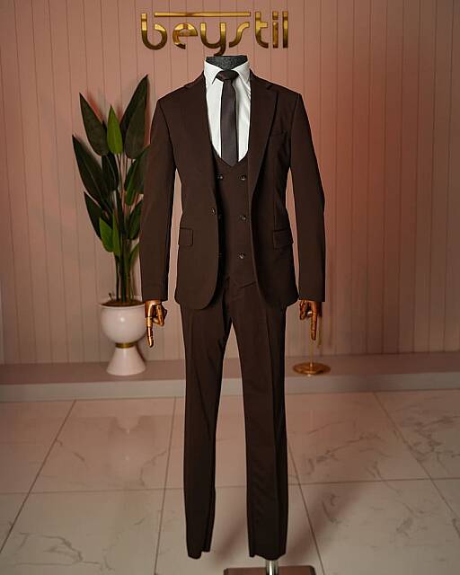 Beystil Slimfit Kahverengi Yelekli Takım Elbise Nikol - Slim Fit - Beystil