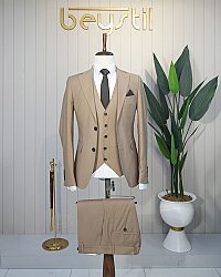 Beystil Slimfit Koyu Bej Yelekli Takım Elbise Nikol - Slim Fit 