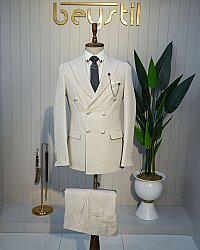 Beystil Sivri Yaka Krem Çizgili Kruvaze Takım Elbise Togo - Slim Fit 