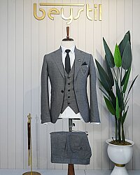 Beystil Sivri Yaka Gri Yelekli Takım Elbise Bezayak - Slim Fit 
