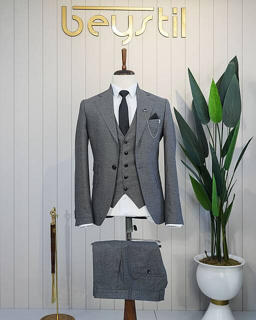 Beystil Sivri Yaka Gri Yelekli Takım Elbise Bezayak - Slim Fit - Beystil