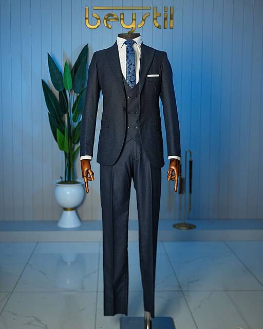 Beystil Sivri Yaka Lacivert Yelekli Takım Elbise Bezayak- Slim Fit - Beystil