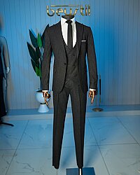 Beystil Sivri Yaka Siyah Yelekli Takım Elbise Bezayak - Slim Fit 
