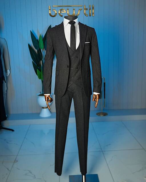 Beystil Sivri Yaka Siyah Yelekli Takım Elbise Bezayak - Slim Fit - Beystil