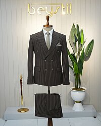 Beystil Sivri Yaka Kahverengi Çizgili Kruvaze Takım Elbise Bezayak - Slim Fit 