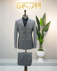 Beystil Sivri Yaka Gri Çizgili Kruvaze Takım Elbise Bezayak - Slim Fit 