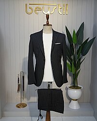 Beystil Siyah Spor Casual Çizgili Takım Elbise Parodi -Slim Fit 