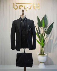 Beystil Sivri Yaka Siyah Yelekli Takım Elbise Elanor - Slim Fit 