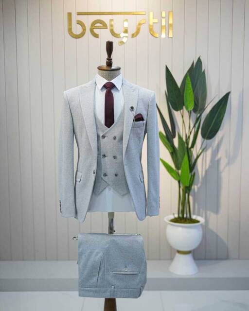 Beystil Sivri Yaka Açıkgri Yelekli Takım Elbise Elanor - Slim Fit - Beystil