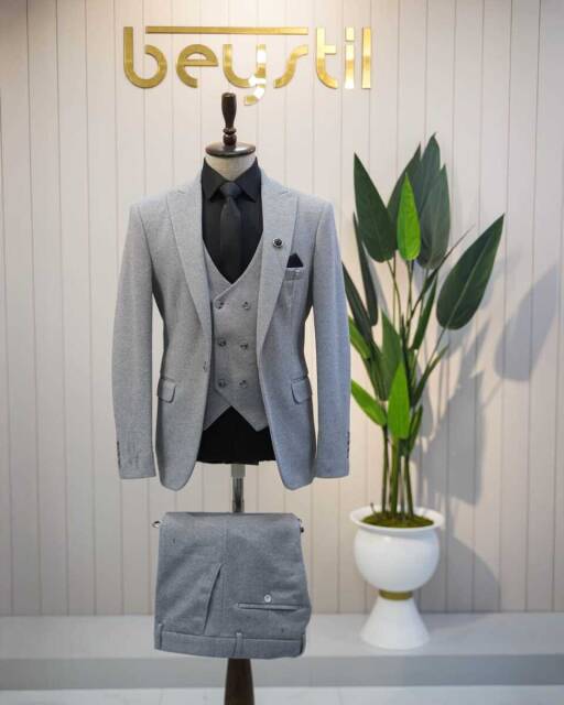 Beystil Sivri Yaka Gri Yelekli Takım Elbise Elanor- Slim Fit - Beystil