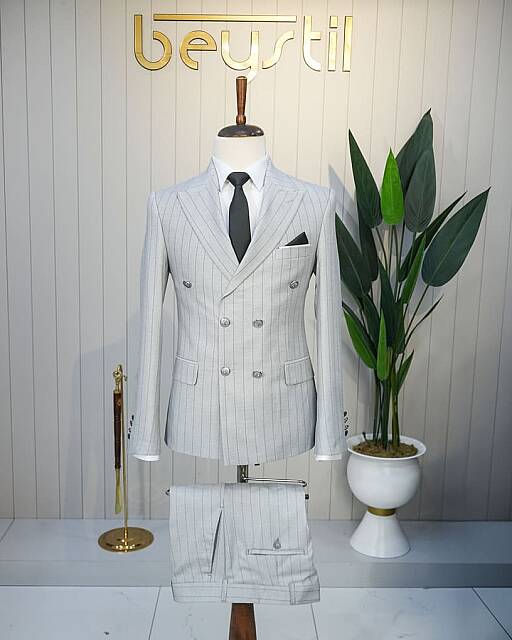 Beystil Gri Slim Fit Geniş çizgili Kruvaze Takım Elbise - Beystil