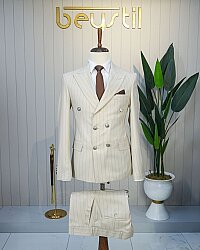 Beystil Krem Slim Fit Geniş Çizgili Kruvaze Takım Elbise 