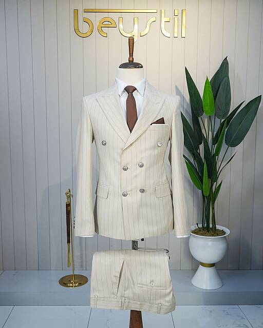 Beystil Krem Slim Fit Geniş Çizgili Kruvaze Takım Elbise - Beystil