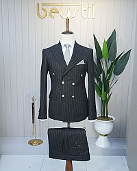 Beystil Siyah Slim Fit Geniş Çizgili Kruvaze Takım Elbise 