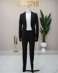 Beystil Sivri Yaka Siyah Spor Casual Jogger Takım Gofre- Slim Fit 