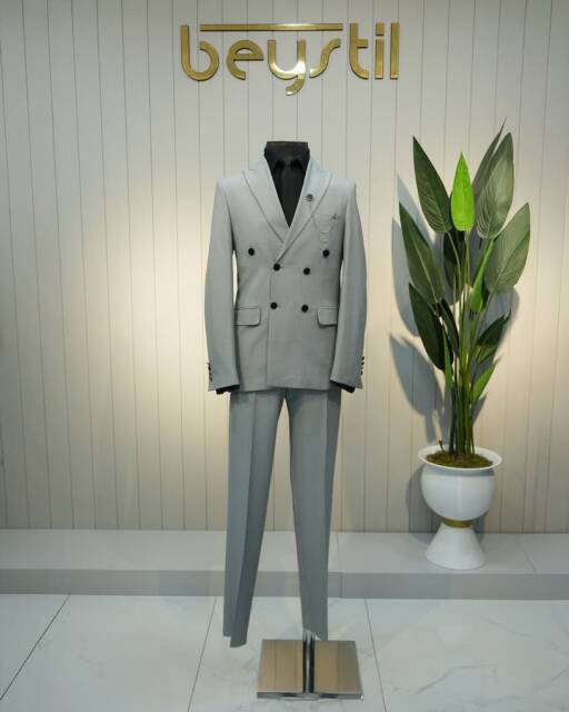 Beystil Sivri Yaka Gri Kruvaze Takım Elbise Granada - Slim Fit - Beystil