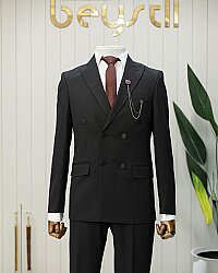 Beystil Sivri Yaka Siyah Kruvaze Takım Elbise Granada - Slim Fit 