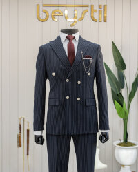 Beystil Sivri Yaka Lacivert Çizgili Kruvaze Takım Elbise Lecce - Slim Fit 