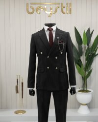 Beystil Sivri Yaka Siyah Çizgili Kruvaze Takım Elbise Lecce- Slim Fit 